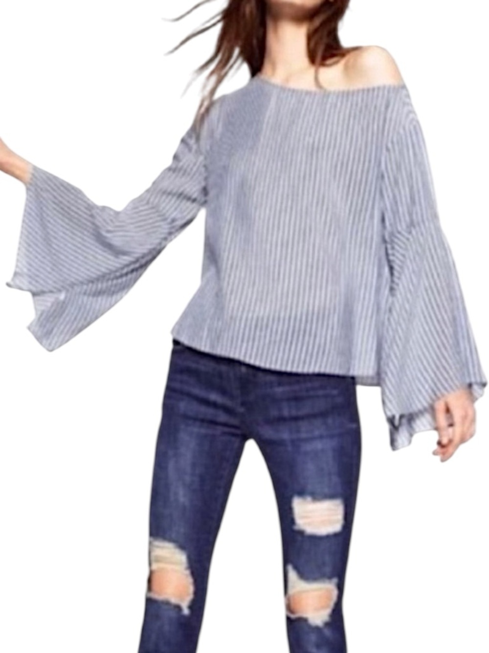 Zara Trafaluc Collection Blue White Stripe Seersucker Bell Sleeve Top Medium
